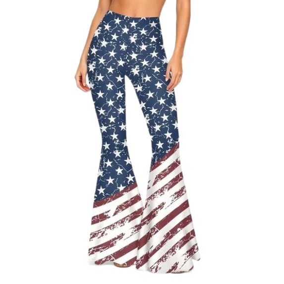 Levmjia Women's 4th of July Patriotic Pants High Waisted Flare Bell Bottoms American Flag Print Casual Trousers for Summer Holiday