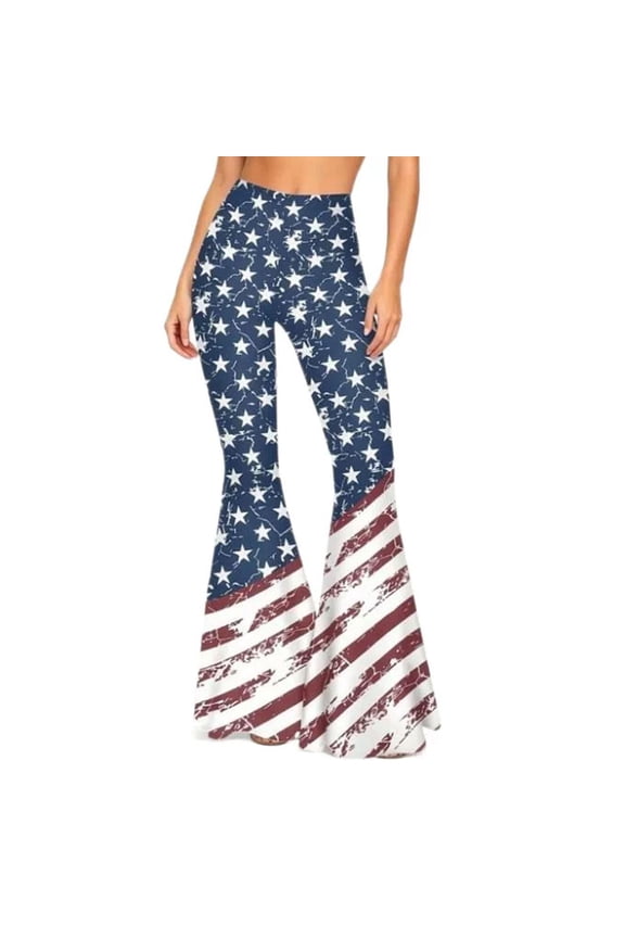 Women's 4th of July Patriotic Pants High Waisted Flare Bell Bottoms American Flag Print Casual Trousers for Summer Holiday