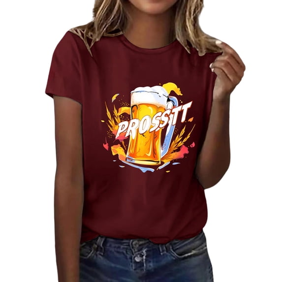 Levmjia Women's Beer Graphic T-Shirt Casual Short Sleeve Top, Funny "PROSSiT" Print Cotton-Like Tee, Loose Fit Round Neck Breathable Shirt for Women S-3XL