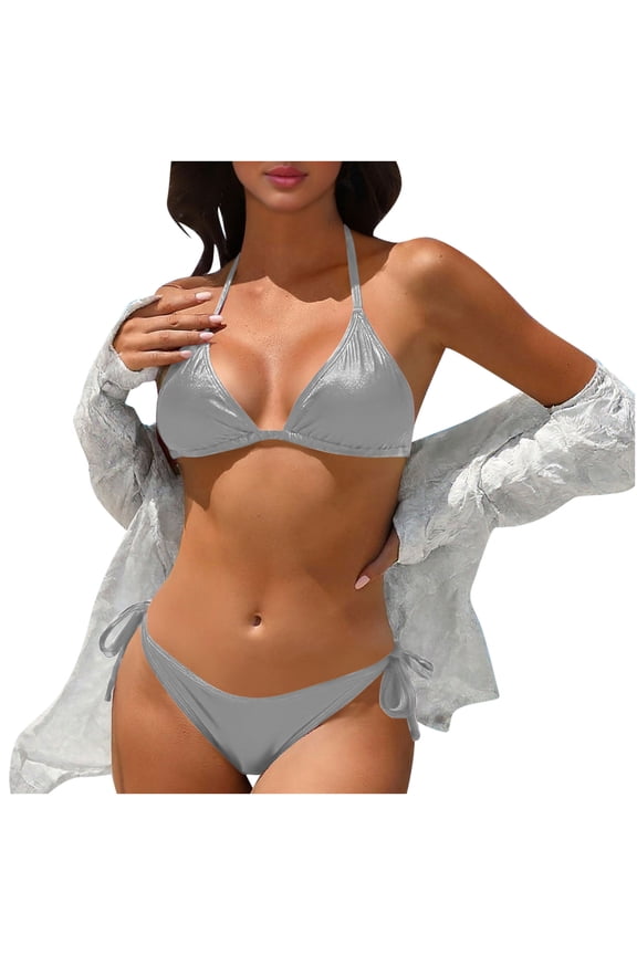 Women's Bikini Set Solid Color Backless Hanging Neck Low Waist Drawstring Tummy Control Swimwear Quick Dry For Beach Vacation