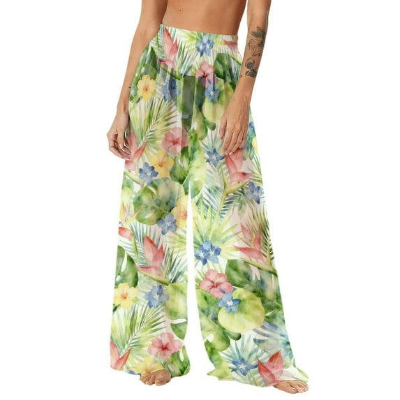 Levmjia Women's Bohemian Beach Cover Up Wide Leg Pants 100% Polyester Chiffon Lightweight Flowy Tropical Print Sun Protection Swimwear Cover Up Pants S - 2XL