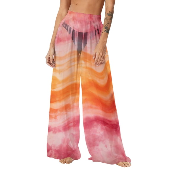 Levmjia Women's Bohemian Beach Pants Sheer 100% Polyester Chiffon Flowy Wide Leg Swimwear Cover Up High Waist Plus Size S - 2XL Sun Protective Beachwear