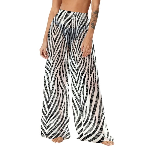Levmjia Women's Bohemian Style Printed Chiffon Beach Pants Cover - up Wide Leg Long Pants Lightweight UV Protection 100% Polyester S - 2XL