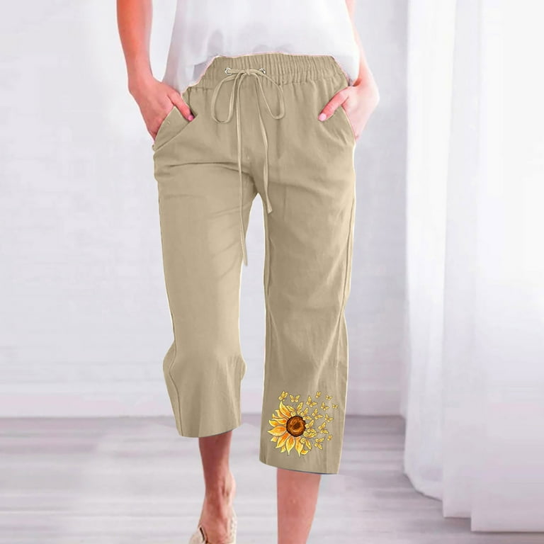 Levmjia Women s Capri Pants Knee Length Elastic Waist Yoga Workout Exercise Capris Casual Summer Flower Printing Loose Pants Straight Wide Leg