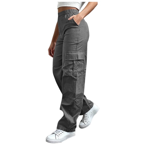 Levmjia Women's Cargo Pants with Pockets, High Waisted Casual Utility Pants, Elastic Waist Solid Color Hiking Trousers, Loose Fit Workwear Long Pants for Outdoor Camping