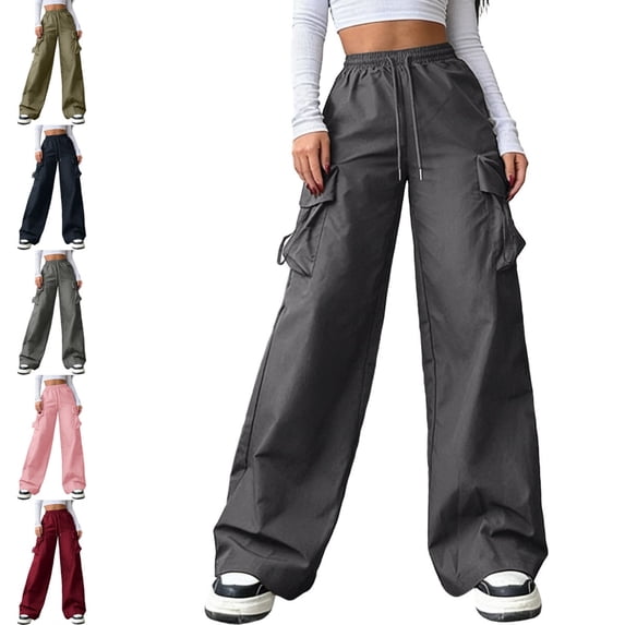 Levmjia Women's Cargo Pants Wide Leg Loose Fit Straight Leg Utility Pants with Pockets High Waisted Elastic Waist Drawstring Casual Long Trousers