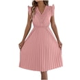 thumbnail image 1 of Levmjia Women's Casual Dress Fashion V-Neck Sleeveless Pleated Lace Midi Dress Solid Color Ruffled Waist Polyester Comfortable Vacation Outfit Summer, 1 of 9