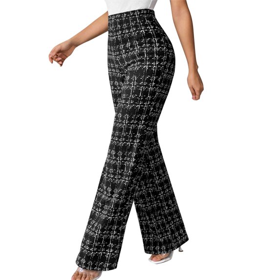 Levmjia Women's Casual Long Pants Plaid Printed Elastic Waist With Pockets Soft Polyester Wide Leg Work Everyday Wear Comfortable Stretchy Trousers