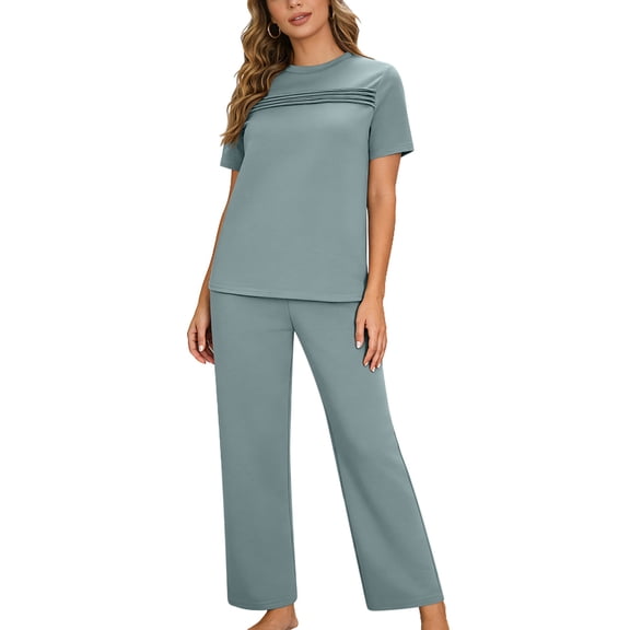 Levmjia Women's Casual Outfit Set Short Sleeve Pleated Solid Color Top and Pants Soft Polyester Comfortable Yoga Sports Daily Wear Spring Summer