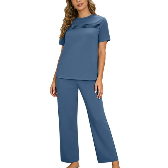 Levmjia Women's Casual Outfit Set Short Sleeve Pleated Solid Color Top and Pants Soft Polyester Comfortable Yoga Sports Daily Wear Spring Summer