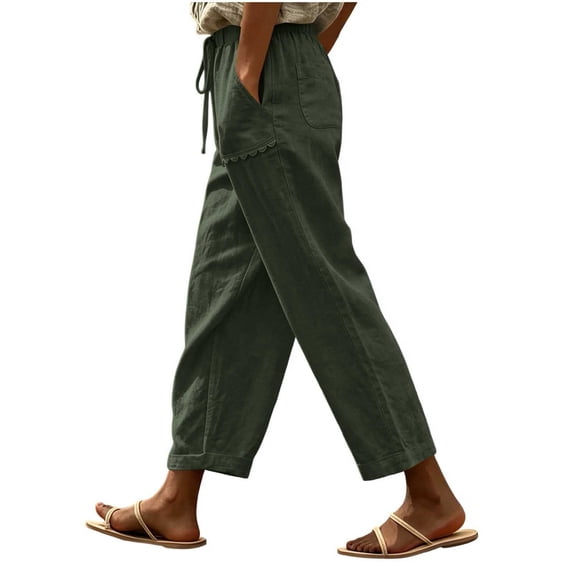 Levmjia Women's Casual Pants High Waisted with Pockets Drawstring Waist Scallop Hem Loose Fit Wide Leg Lounge Pants Solid Color for Summer Daily