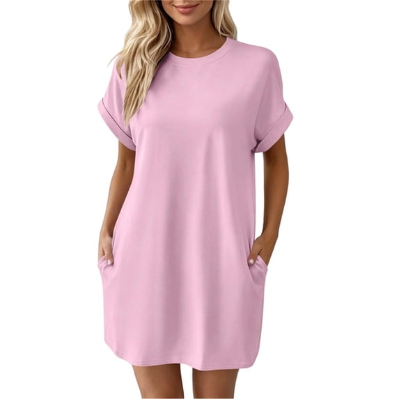 Levmjia Women's Casual Short Sleeve Dress Crew Neck A Line Swing Dress with Pockets Solid Color Loose Fit Summer Beach Sundress