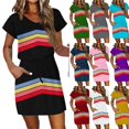 thumbnail image 1 of Levmjia Women's Casual Stripe Print Dress Short Sleeve V Neck Loose Fit Summer Dress with Drawstring Waist Front Pockets A Line Tunic Dress for Women, 1 of 7