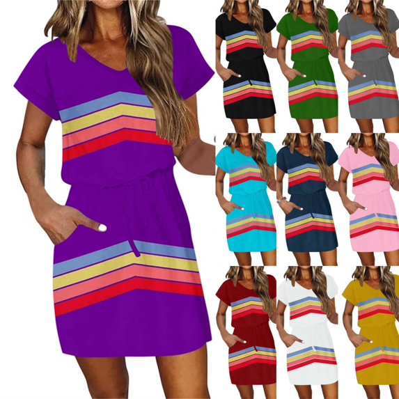 Levmjia Women's Casual Stripe Print Dress Short Sleeve V Neck Loose Fit Summer Dress with Drawstring Waist Front Pockets A Line Tunic Dress for Women