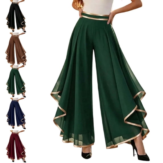 Levmjia Women's Chiffon Pants High Waisted Ruffled Hem Wide Leg Pants with Gold Trim Elastic Waist Flowy Casual Lounge Trousers for Evening Party