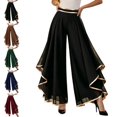 thumbnail image 1 of Levmjia Women's Chiffon Pants High Waisted Ruffled Hem Wide Leg Pants with Gold Trim Elastic Waist Flowy Casual Lounge Trousers for Evening Party, 1 of 5