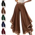 thumbnail image 1 of Levmjia Women's Chiffon Pants High Waisted Ruffled Hem Wide Leg Pants with Gold Trim Elastic Waist Flowy Casual Lounge Trousers for Evening Party, 1 of 5