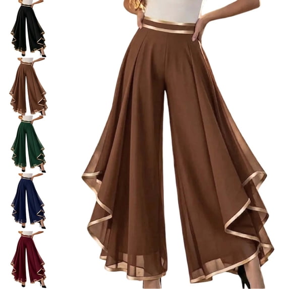 Levmjia Women's Chiffon Pants High Waisted Ruffled Hem Wide Leg Pants with Gold Trim Elastic Waist Flowy Casual Lounge Trousers for Evening Party