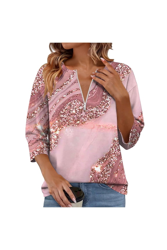 Women's Color Block Leopard Print Top 3/4 Sleeve Quarter Zip V Neck Casual Loose Fit Blouse Spring Summer Pullover T-Shirt