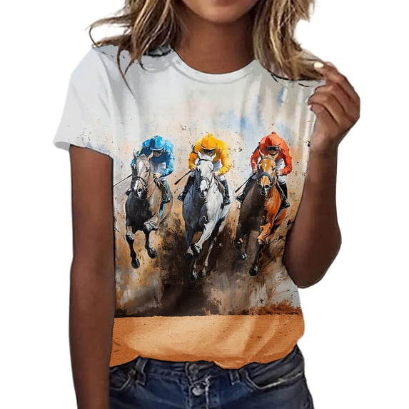Levmjia Women's Crew Neck Short Sleeve T-Shirt, Horse Racing Graphic Print Casual Top, Loose Summer Tee for Ladies Daily Vacation