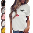 thumbnail image 1 of Levmjia Women's Cute Eyelash Lips Print Short Sleeve T-Shirt Soft Stretch Casual Graphic Tee Fun Face Design Round Neck Tops for Everyday Wear S-2XL, 1 of 6