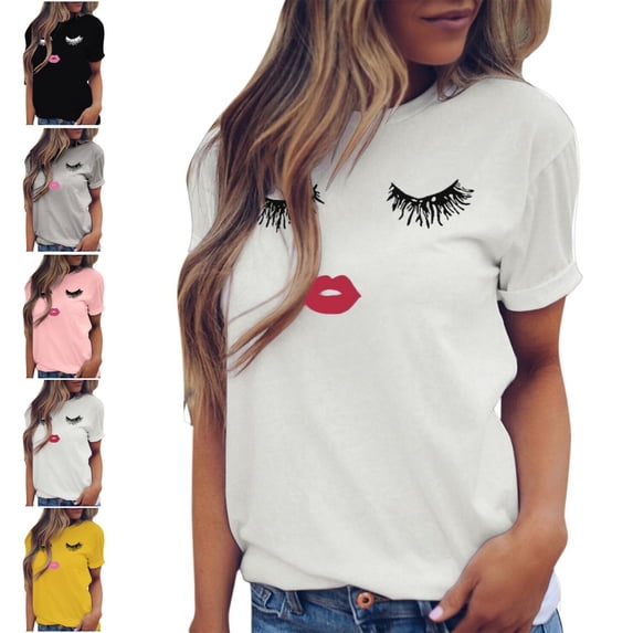 Levmjia Women's Cute Eyelash Lips Print Short Sleeve T-Shirt Soft Stretch Casual Graphic Tee Fun Face Design Round Neck Tops for Everyday Wear S-2XL