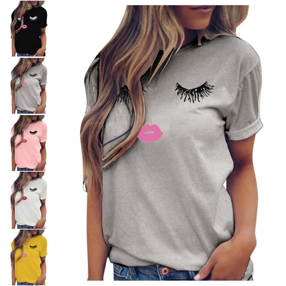 Levmjia Women's Cute Eyelash Lips Print Short Sleeve T-Shirt Soft Stretch Casual Graphic Tee Fun Face Design Round Neck Tops for Everyday Wear S-2XL