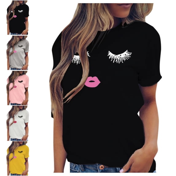 Levmjia Women's Cute Eyelash Lips Print Short Sleeve T-Shirt Soft Stretch Casual Graphic Tee Fun Face Design Round Neck Tops for Everyday Wear S-2XL