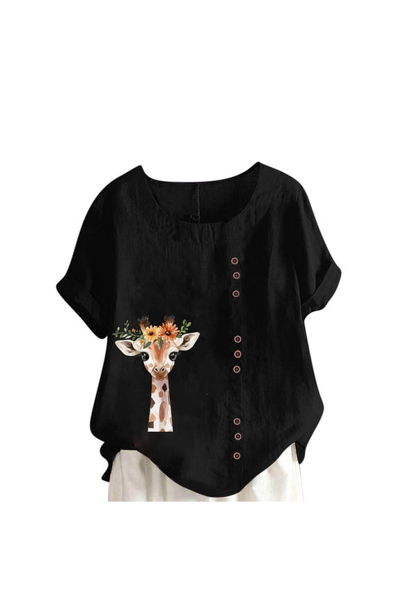 Women's Cute Giraffe Floral Print Button Down Shirt, Linen Look Casual Short Sleeve Top, Loose Fit Plus Size Summer T-Shirt for Women,
