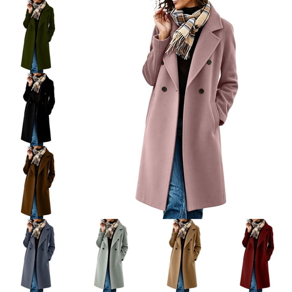Levmjia Women's Double Breasted Pea Coat Notch Lapel Long Trench Coat Lined Button Pockets Knee Length Casual Winter Outerwear