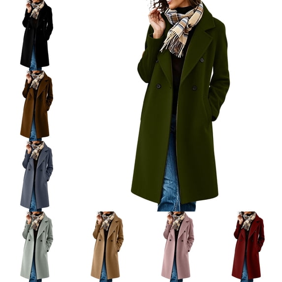 Levmjia Women's Double Breasted Pea Coat Notch Lapel Long Trench Coat Lined Button Pockets Knee Length Casual Winter Outerwear