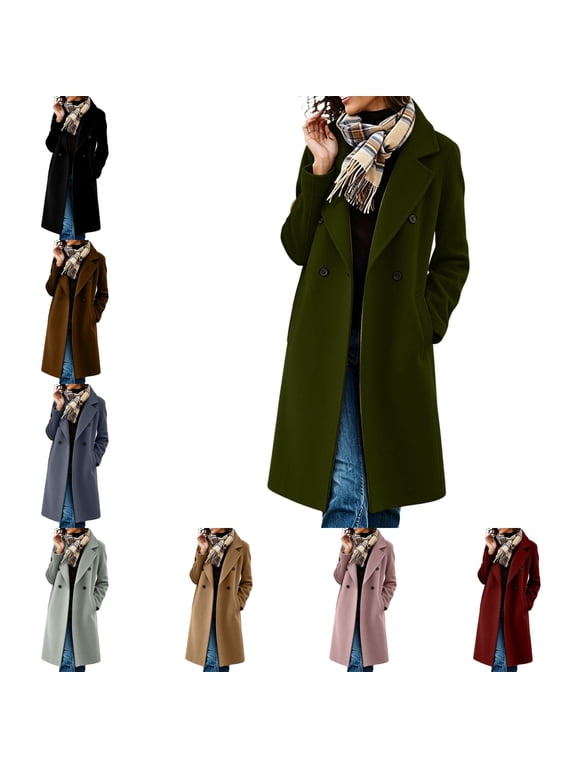 Women's Double Breasted Pea Coat Notch Lapel Long Trench Coat Lined Button Pockets Knee Length Casual Winter Outerwear
