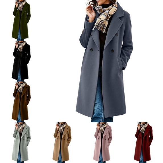 Levmjia Women's Double Breasted Pea Coat Notch Lapel Long Trench Coat Lined Button Pockets Knee Length Casual Winter Outerwear