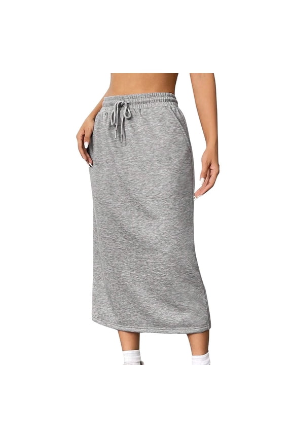 Women's Drawstring Sweat Skirt High Waist Long Skirt With Pockets Sports And Leisure Commuting Loose Elastic Waist Solid Color Split Maxi Dress