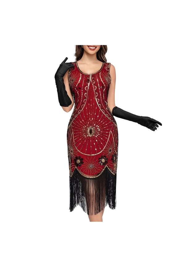 Women's Dress Sequin Vintage Round Neck Short Sleeve Party Gown Elegant Tassel Embellished Banquet Evening Dress Cocktail Party Vacation Wear