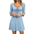 thumbnail image 1 of Levmjia Women's Dress V Neck 3/4 Sleeve Casual Short Dress with Bow Tie Front Ruched A Line Swing Dress for Home Daily Wear, 1 of 5