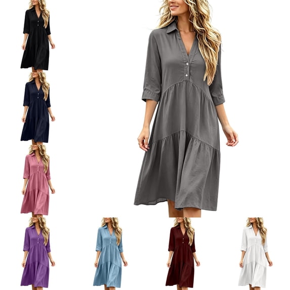 Levmjia Women's Dress V Neck Button Down Midi Dress 3/4 Sleeve Tiered Babydoll Dress Casual Loose Fit Summer Dresses with Pockets