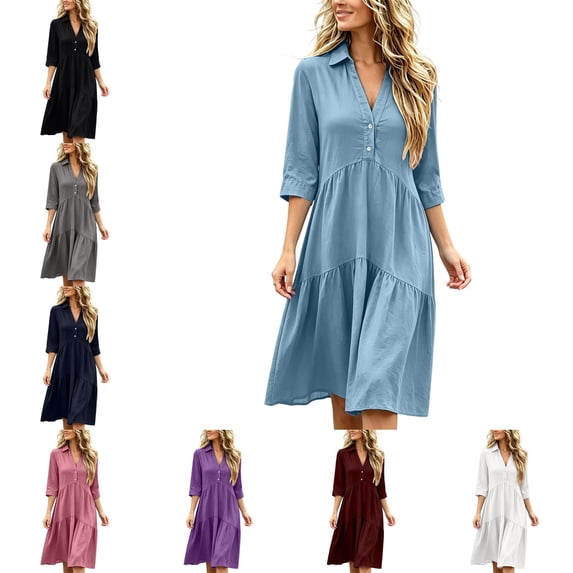 Levmjia Women's Dress V Neck Button Down Midi Dress 3/4 Sleeve Tiered Babydoll Dress Casual Loose Fit Summer Dresses with Pockets