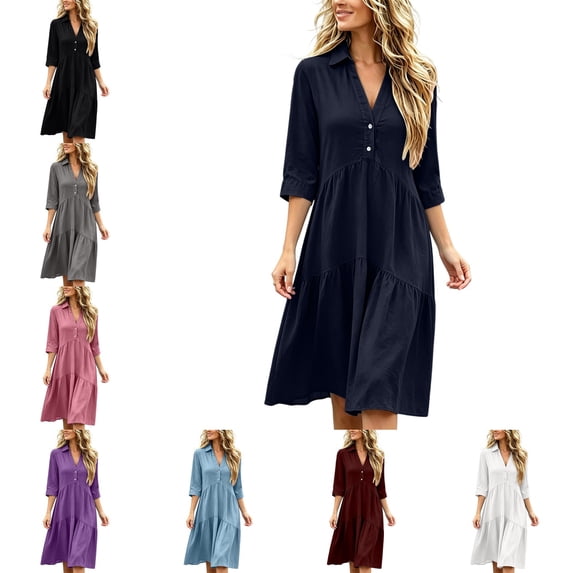 Levmjia Women's Dress V Neck Button Down Midi Dress 3/4 Sleeve Tiered Babydoll Dress Casual Loose Fit Summer Dresses with Pockets
