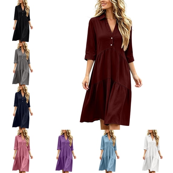 Levmjia Women's Dress V Neck Button Down Midi Dress 3/4 Sleeve Tiered Babydoll Dress Casual Loose Fit Summer Dresses with Pockets