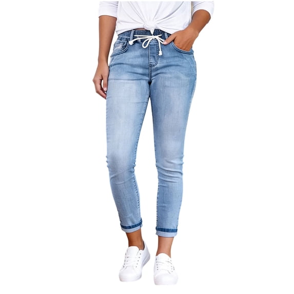 Levmjia Women's Elastic Waist Drawstring Jeans High Waisted Capri Jeans with Pockets Light Wash Cuffed Ankle Baggy Denim Pants Casual Summer Trousers