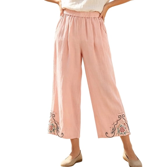 Levmjia Women's Embroidered Capri Pants High Waisted Wide Leg Cropped Trousers with Pockets Casual Loose Fit Elastic Waist Summer Pants