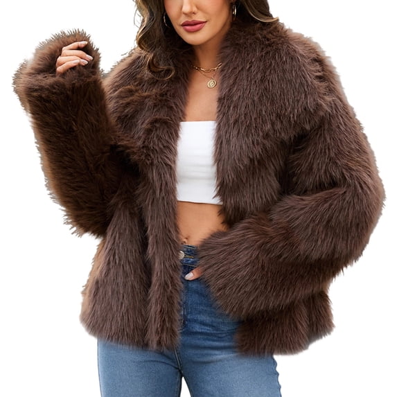 Levmjia Women's Faux Fur Coat Lapel Collar Long Sleeve Winter Warm Outerwear Fluffy Plush Jacket Open Front Solid Color