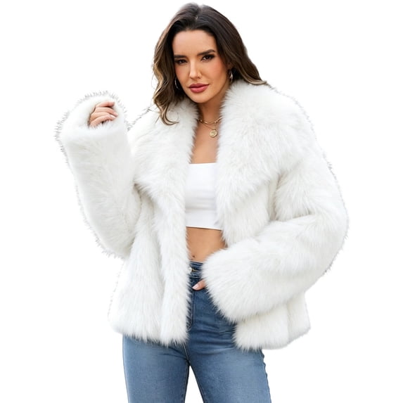 Levmjia Women's Faux Fur Coat Lapel Collar Long Sleeve Winter Warm Outerwear Fluffy Plush Jacket Open Front Solid Color