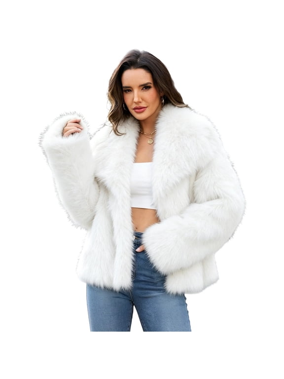 Women's Faux Fur Coat Lapel Collar Long Sleeve Winter Warm Outerwear Fluffy Plush Jacket Open Front Solid Color