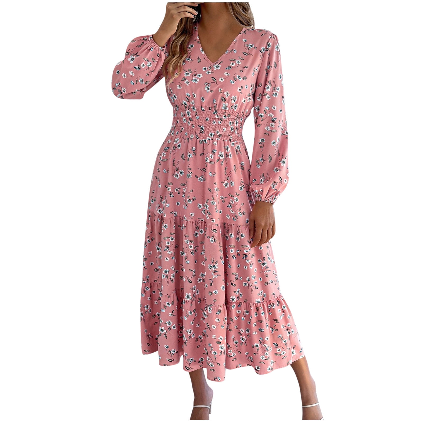 Levmjia Women's Floral Autumn Dress V-Neck Long Sleeve Ruffled Polyester Casual with Elastic Waist Comfortable Vacation Office Wear Multi Color
