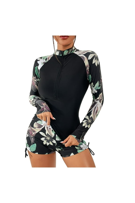 Women's Floral Print Long Sleeve Surf Rash Guard Set with Built - in Bra, UPF UV Protection Swimwear for Women, S - XL Plus Size Quick Dry Rashguard Top and Shorts Swimsuit