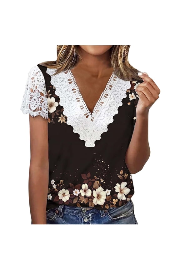 Women's Floral Print V-Neck Short Sleeve Blouse, Casual Loose Fit Tops with Lace Trim, Non Aligned Digital Print Cotton Like Stretch Tee, Sizes S-2XL