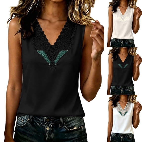 Levmjia Women's French Style Lace Trim Tank Top V Neck Sleeveless Casual Summer Camisole Plus Size Slim Fit Elegant Beach Vacation Top