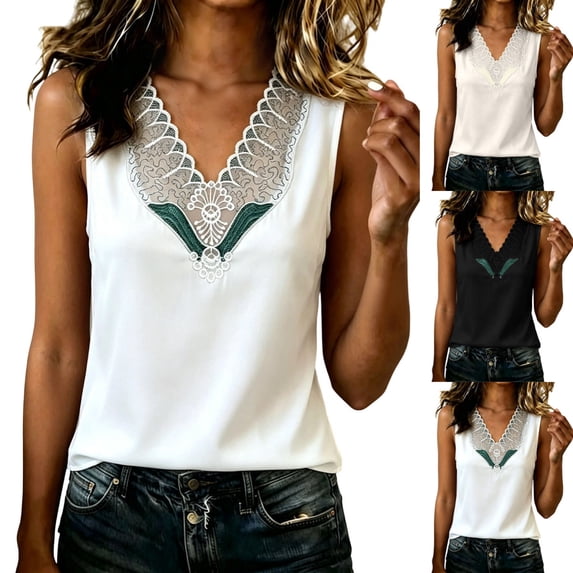 Levmjia Women's French Style Lace Trim Tank Top V Neck Sleeveless Casual Summer Camisole Plus Size Slim Fit Elegant Beach Vacation Top